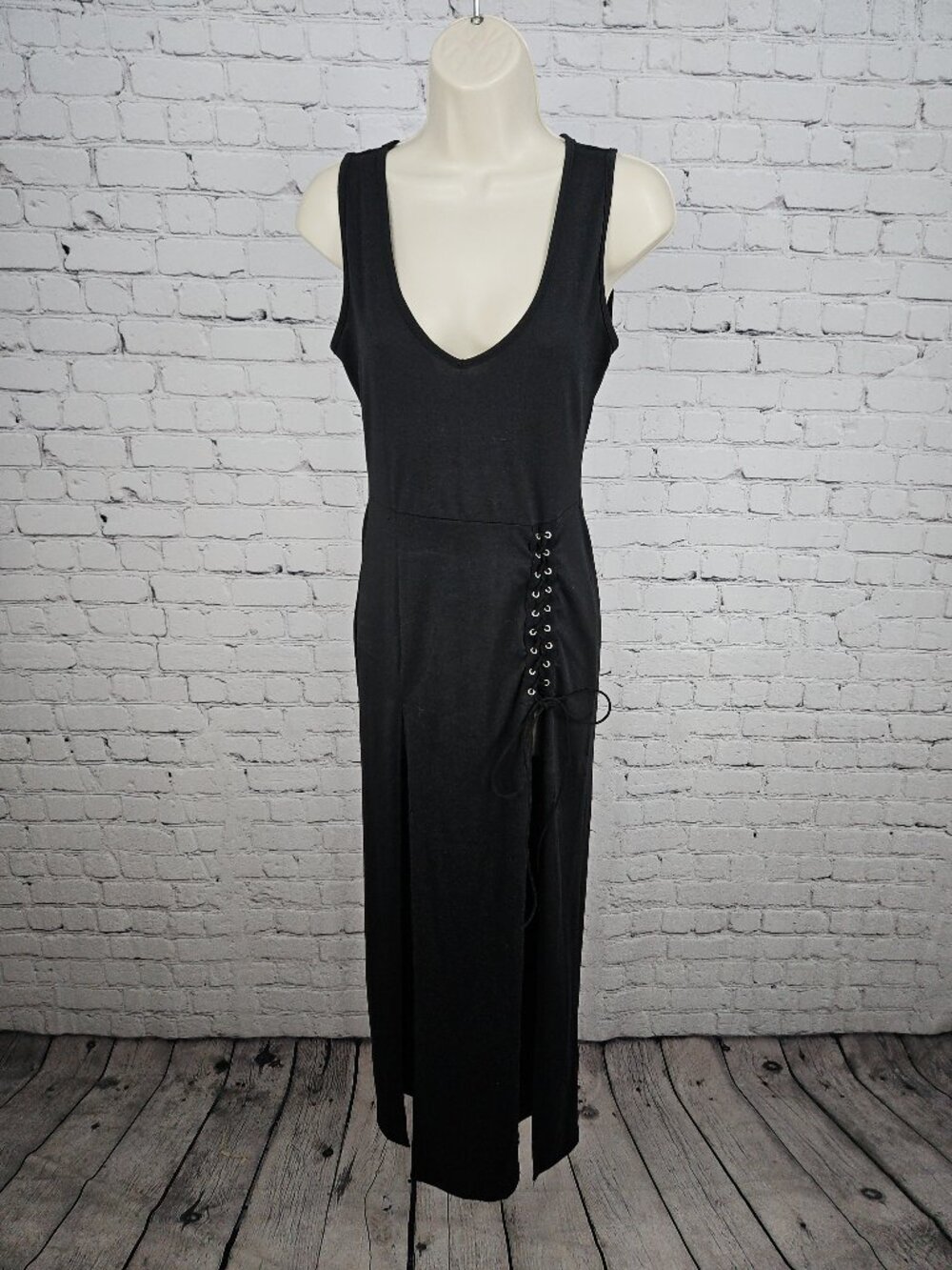 NWD GothDark Black Lace Up Plunge V Neck Sleeveless Slit Maxi Dress Women's S